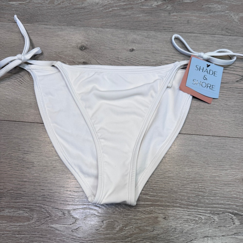 Shade & Shore Womens Off White Ribbed Side Tie Bikini Bottoms Small 4-6 NWT